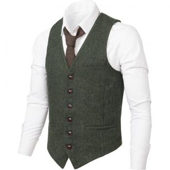 VOBOOM chaleco de traje para hombre, mezcla de lana de espiga, color verde, un solo pecho 007