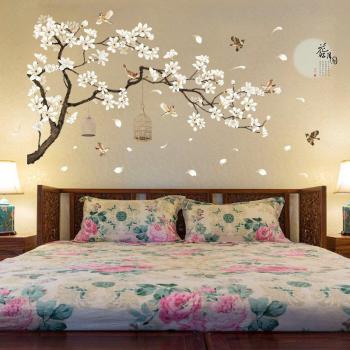 Grand format 187×128 cm – collage mural arbre, oiseaux et fleurs