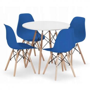 Système de restauration circulaire TODI 80 cm (table blanche) + 4 chaises OSAKA bleu