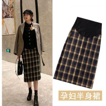 Formeller Mutterschaftsrock im herbstlichen Plaid‑Stil, Bauchversteller