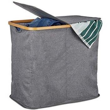 Folding Laundry Hamper with Lid, 2 Compartments, Bamboo & Fabric, 74 Litres, Grey