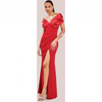 Ruby Red Fabric Fusion Off‑Shoulder Maxi Dress (Goddiva)
