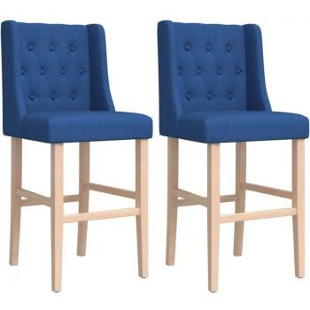 Tabouret de Bar Élégance – Bois Hévéa, Tissu Bleu Capitonné, Pack 2