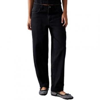Lace Trim Mid Rise Barrel Jeans for Women