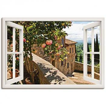 Wandbild Fensterblick Rosen auf Balkon Toskana