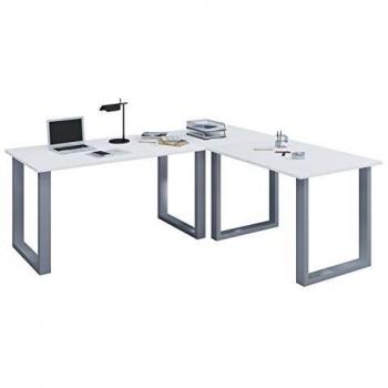 Bureau en angle “Ebuy24” – Hauteur 76 cm, longueur 220 cm, profondeur 190 cm, couleur argent‑blanc