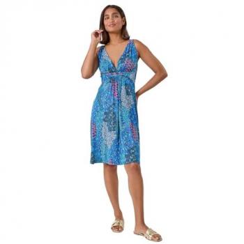 Abstract Floral Stretch Jersey V-Neck Sleeveless Dress