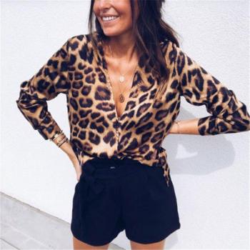 Blusa Yoga Mujer V Profunda con Cuello en V y Estampado Leopardo