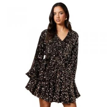 Luminous Gold Sequined Mini Dress with Buttons