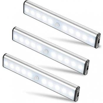Moston 3 Pack Upgraded USB Rechargeable 10 LED Magnetic Motion Sensor Night Light, Dusk to Dawn Photocell, Auto On/Off. Portable, Cordless, Stick-on Anywhere for Cabinet, Closet, Wardrobe