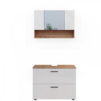 Ensemble meubles bain Irma 2 pièces armoire basse 80 cm Blanc brillant/Chêne doré