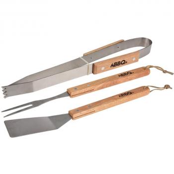 Juego de utensilios para barbacoa de acero inoxidable y madera, 36 cm, 3 piezas