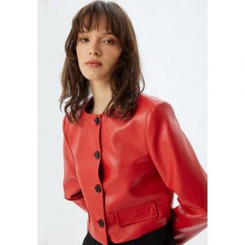 Koton Damen Blazer aus Kunstleder mit Knopfleiste