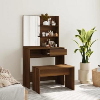 Set Tavolo da Toeletta in Rovere Marrone con Specchio 74,5x40x141 cm