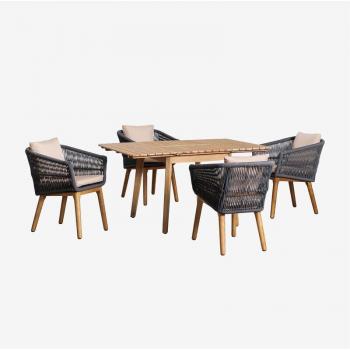 Bois Naële Table extensible (90–150 × 90 cm) avec 4 chaises Barker gris anthracite