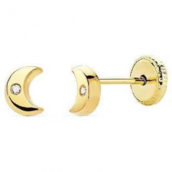 Pendientes de oro 18K para bebé 4.5mm. luna con circonita y cierre de tuerca