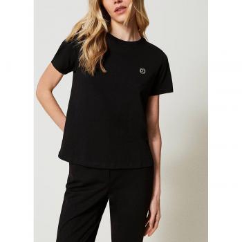 T-shirt Twinset nera con Oval T in strass, Cotone, Taglia S