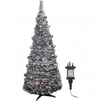 Pop‑Up Silver Frosted Leaves Christmas Tree – 200 LEDs, Built‑In Timer – 2.1m