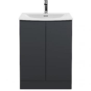 Hudson Reed Urban 600 mm Free-Standing Single Vanity Unit, Dimensions: 840mm H x 610mm W x 440mm D, Features: Floor Standing, 2-Door Design, Curved Ceramic Basin, Soft Black Finish