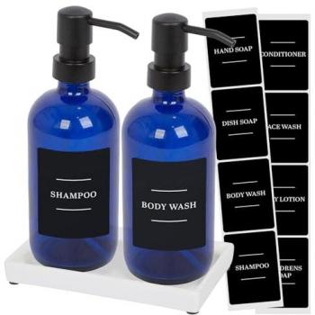 500ml Black and Blue Glass Soap Dispenser Set with Ceramic Tray & Labels