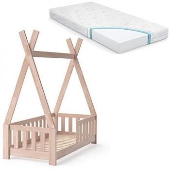 Cama tipo tienda Tipi, 70x140 cm, Marrón, con Valla y Colchón Vitalispa