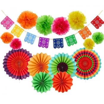 15pcs Vibrant Mexican Party Decoration Bundle with Table Runner, Paper Fans, Pompom Balls, and Felt Garland
