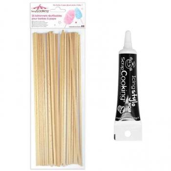 Set 25 Bastoni Zucchero Filato e Penna Glassa Nera