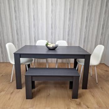 Gray Dining Table & Bench Set featuring 4 Diamond-Stitched White Chairs