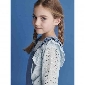 Sky Blue Girls' Blouse with Ruffles and Broderie Anglaise 18M/2Y