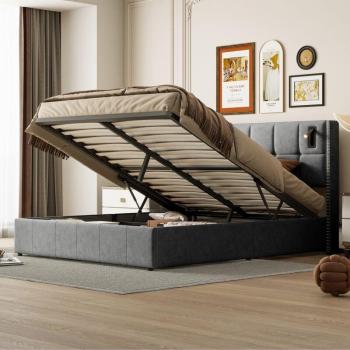 Letto da Camera 160x200 – Flanella, Testiera Imbottita, Rete a Doghe, 2 USB/Type‑C