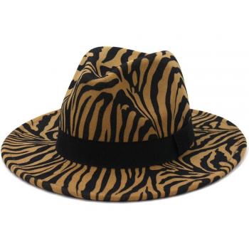 Classic Black Dark Gray Zebra Pattern Wool Felt Fedora Hat