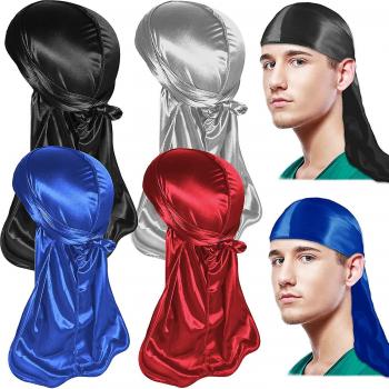 Set de 4 Durags de Seda, Gorro Pirata Chemo para Hombre, Correas Anchas y Cola Larga, Colores Blanco/Rosa/Verde