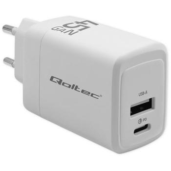 Chargeur mural Qoltec Gan 45 W – 5‑20 V, 1,5‑3 A, USB‑C PD & USB QC 3.0 (Blanc)