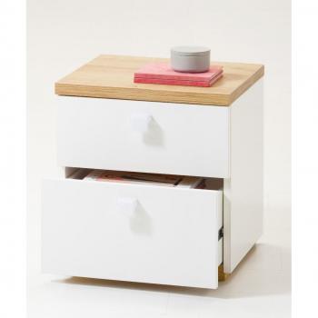 Elegante Comodino 2 Cassetti Bianco Laccato + Rovere