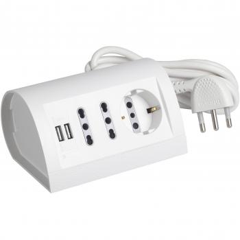 Presa multipla con due prese USB da 1.5A e cavo da 2 metri, per scrivania o altro piano di lavoro, colore bianco