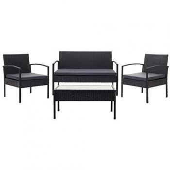 HWC‑F56 Mendler Rattan‑Set für Balkon & Garten – Sofa + 3 Sesseln, schwarz