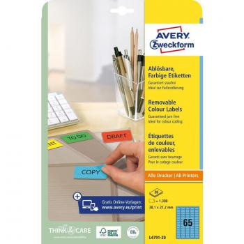 Avery Zweckform L4793-20 Herbruikbare Etiketten 38.1 x 21.2 mm Rechthoekig Geel 20 Vellen van 65 Etiketten, totaal 1300 Etiketten