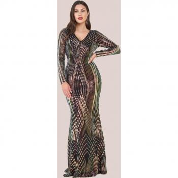 Two-Toned V Neck Sequin Maxi Dress