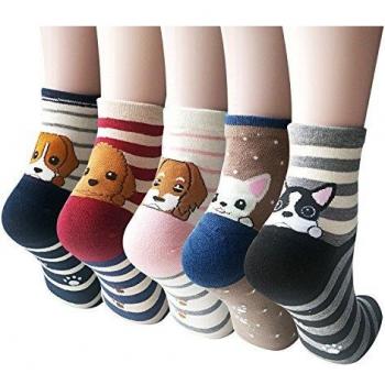 Ensemble de 5 paires de Chaussettes Femme Hiver Chaude en Coton avec Motif de Chat et Chien