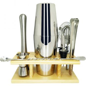 Edelstahl Barwerkzeug Set mit Holzunterlage