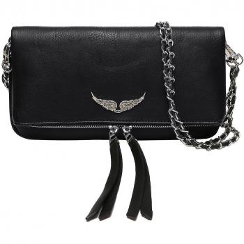 Bolso Mensajero de Cuero Negro con Ala de Pedrería para Mujer