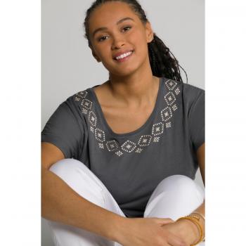 Plus Size Soft Tee with Embroidery, Round Neck, Shirred Sleeve, Women, Brown, Size 16/18, Synthetic Fibers/Cotton