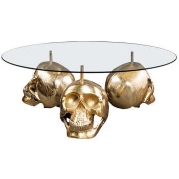 Riess‑Ambiente SKULL‑Couchtisch 90 cm – goldfarbenes Metall, runde Glasplatte, handgefertigter Totenkopf