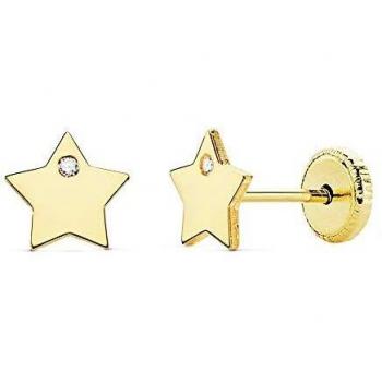 Pendientes de oro 18K para niña 6mm. estrella con circonita y cierre de tuerca