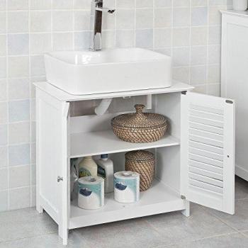 Mueble de baño blanco bajo fregadero con puertas de persiana, modelo FRG237-W