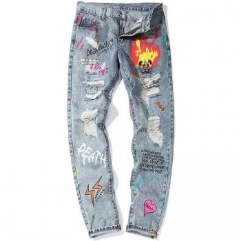 Aolamegs Men's Flame Letter Casual Denim Pants