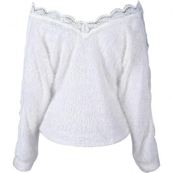 Suéter blanco de mujer con panel de encaje y cuello en V
