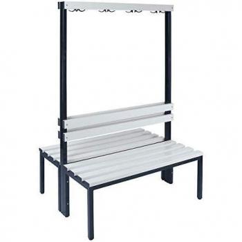 Banc pour vestiaires Wolf, 1000 mm, 2 côtés, lattes PVC, 2 x 4 patères doubles, gris