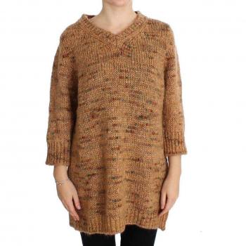 Brown Wool Blend Oversize V-Neck Sweater by Pink Memories, Size S