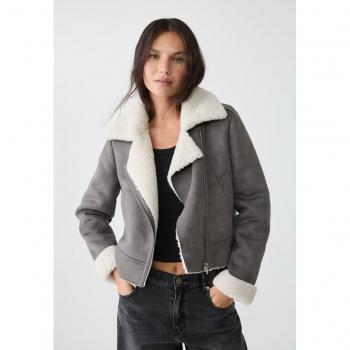 Soft Faux Fur Cropped Biker Jacket for Women Grey Melange M